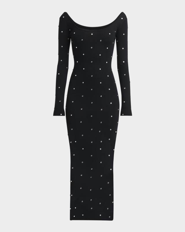 Crystal Studs Long-Sleeve Knit Midi Dress